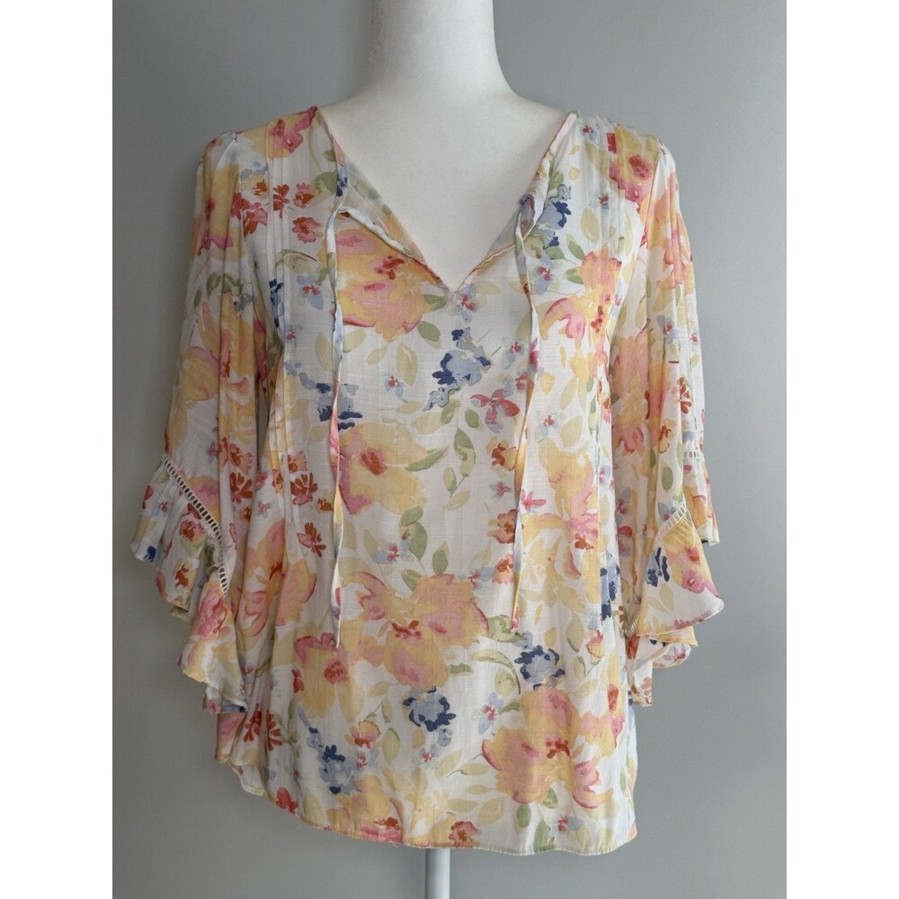 Lauren Conrad Floral Peasant Blouse Cream Orange Flutter Sleeve Tie Front Medium